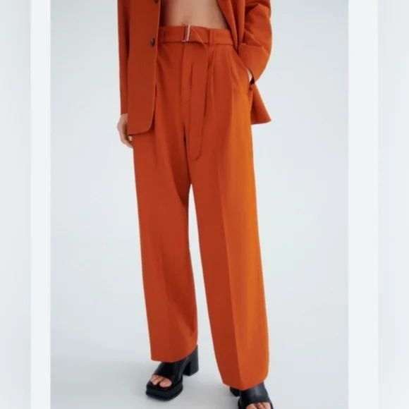 Zara Orange Wide Leg Pants with High Waist and Stylish d-ring Belt - Picture 2 of 11